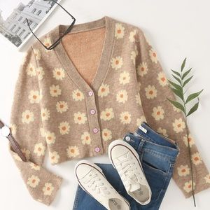 SILK CARDIGAN SWEATER WITH FLOWER PRINT.